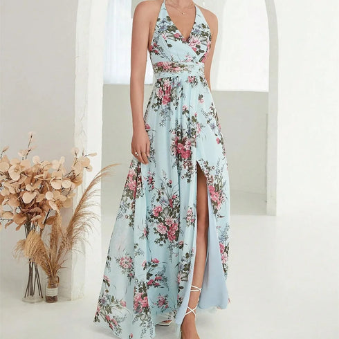 Elegant Flower Print Chiffon Dress for Women - Sexy Halter V Neck Backless Long Summer Fashion Party Dress